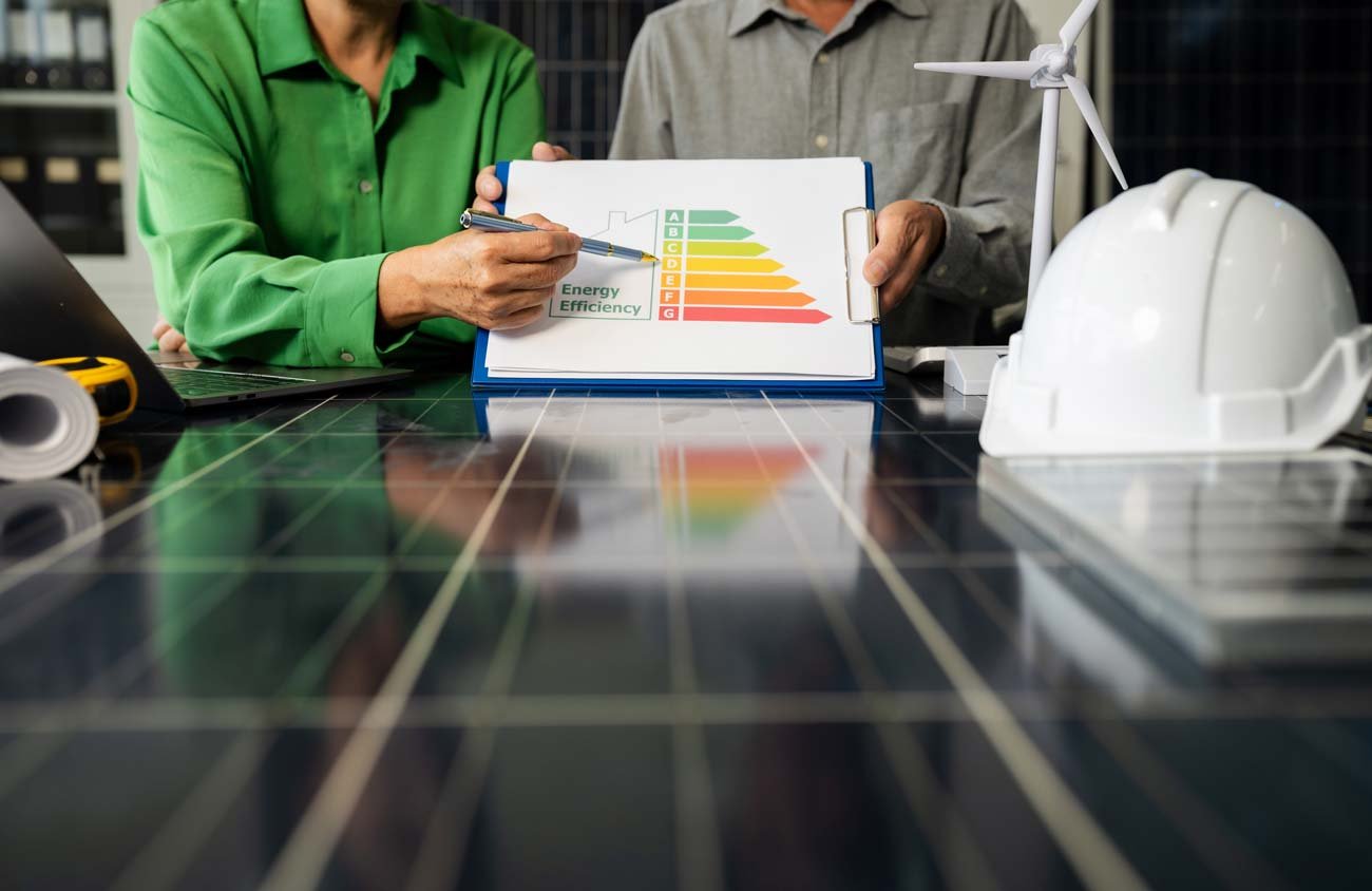 two-colleagues-discussing-data-working-and-tablet. Business Energy Services UK | Transparent Solutions | Enerbiz