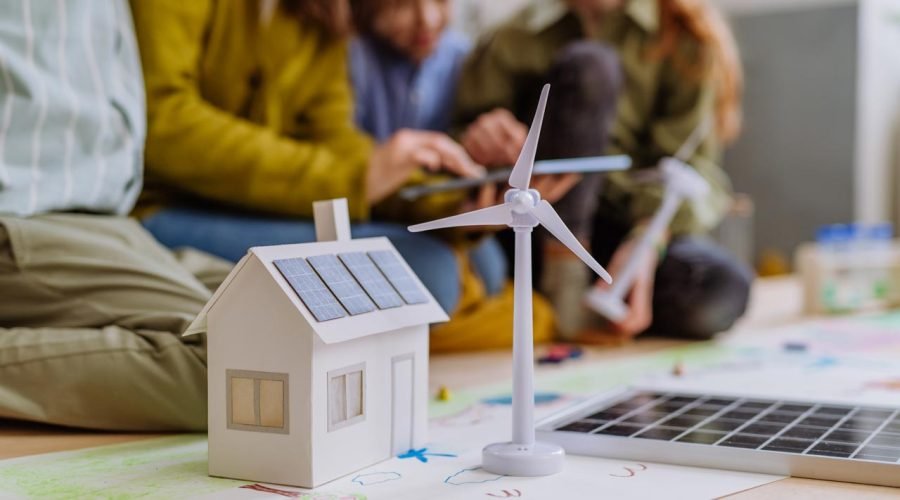 Close-Up-Of-House-Model-With-Solar-System-And-Wind-Domestic-Energy-Switching